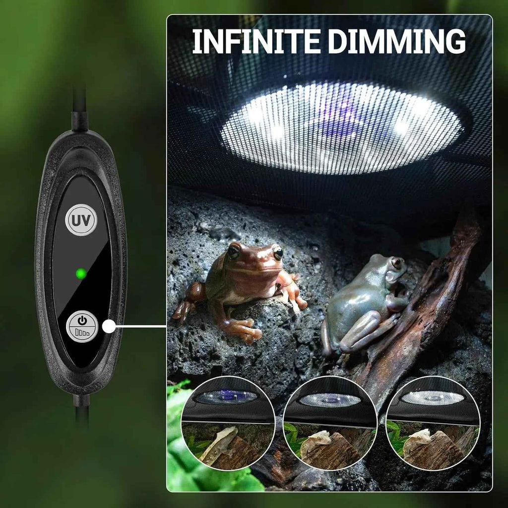 Reptile lighting system with infinite dimming feature, showing a frog and adjustable light settings.