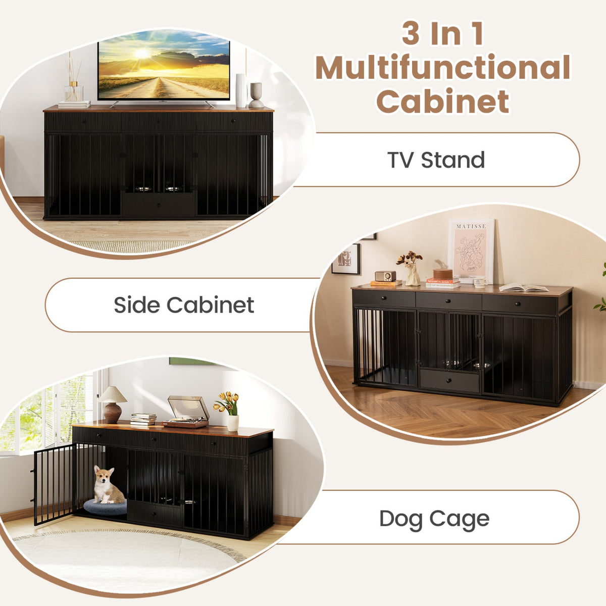 71" Modern Dog Crate Furniture with 3 Drawers