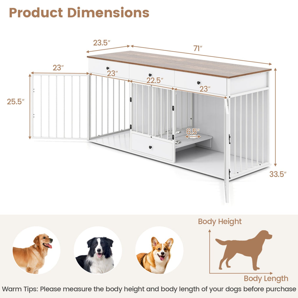 71" Modern Dog Crate Furniture with 3 Drawers