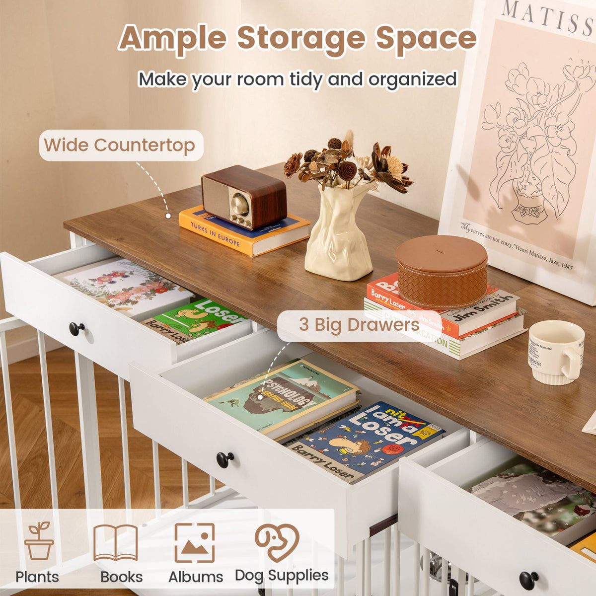 71" Modern Dog Crate Furniture with 3 Drawers