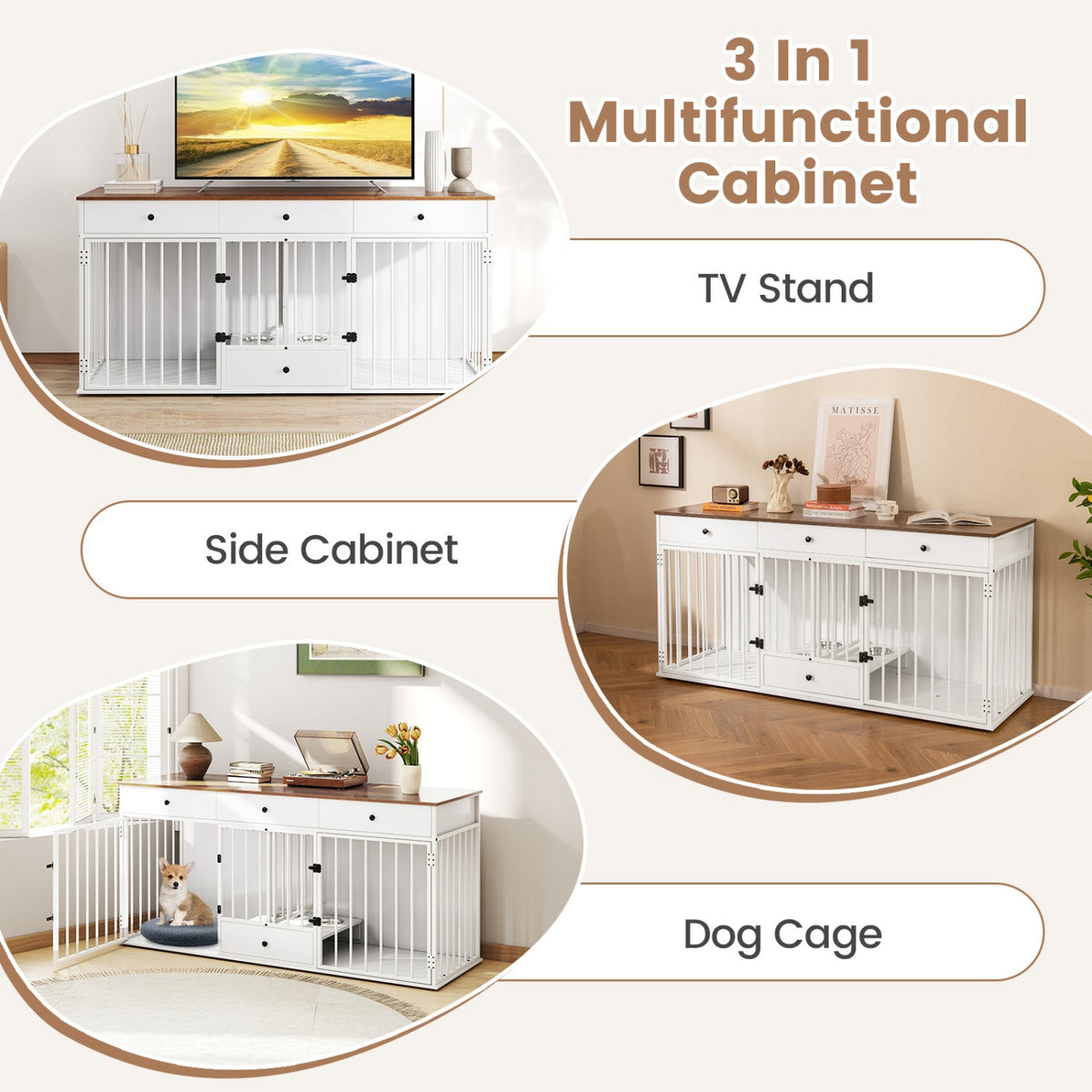 71" Modern Dog Crate Furniture with 3 Drawers