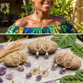 Collage of a model wearing gold-plated amethyst dreamcatcher earrings and four pairs displayed on wood with stones.
