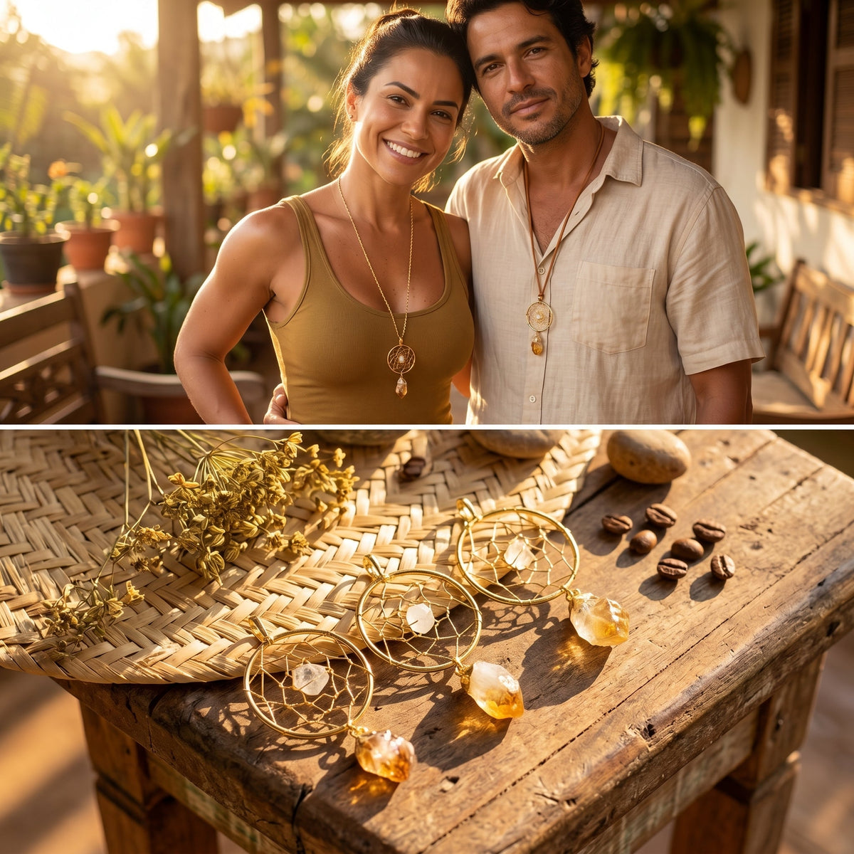 Collage of two models wearing gold-colored crystal dreamcatcher necklaces and three pendants displayed on a wooden table.
