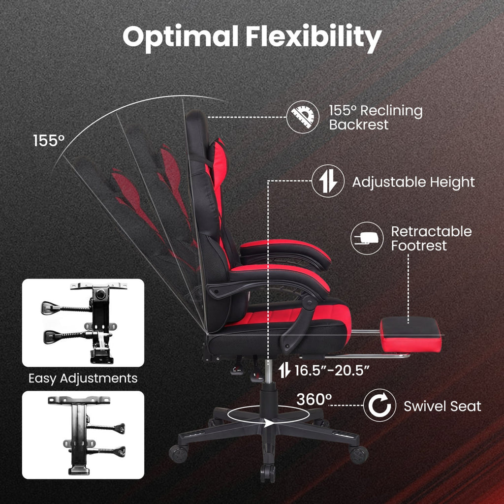 Ergonomic Gaming Chair with Retractable Footrest