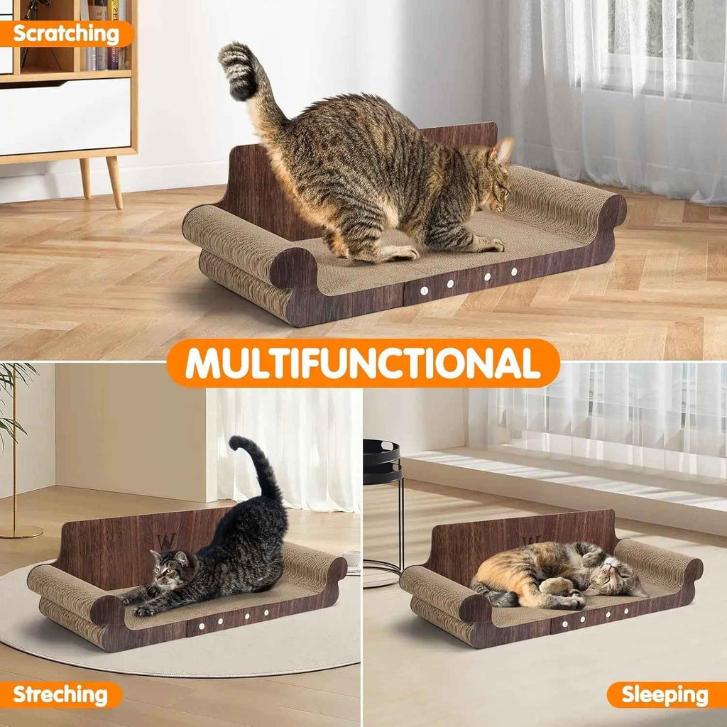 Multifunctional cat scratcher with a cat using it for stretching, scratching, and sleeping.