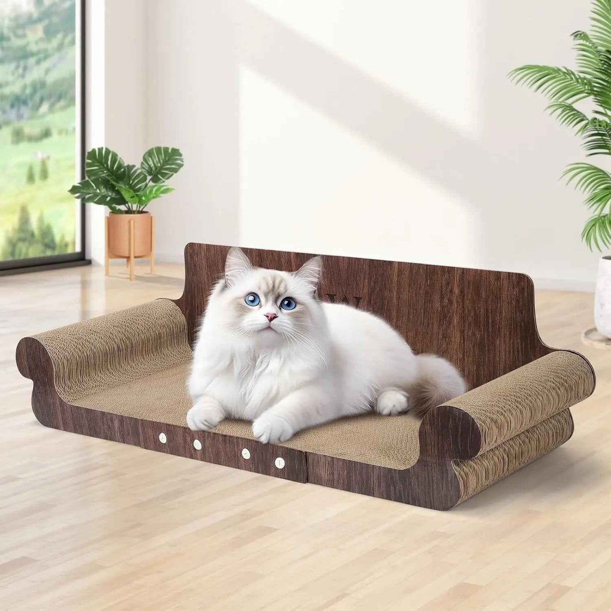 A fluffy white cat with blue eyes lies on a pet sofa made of dark brown wood and beige sisal rope, set in a bright room with light wood floors and potted plants.