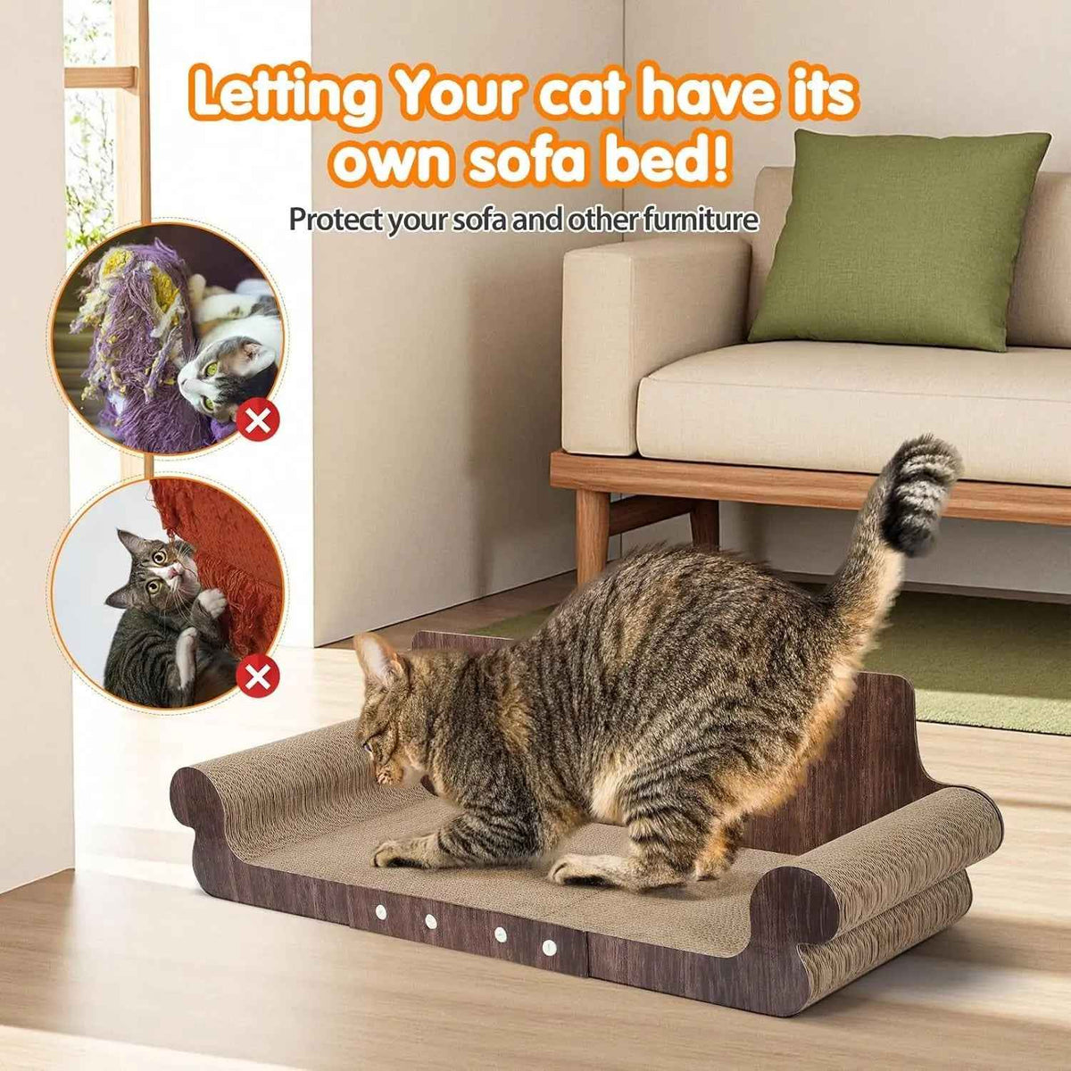 Cat using a wooden cat bed scratcher with text promoting it as a solution for protecting furniture from cat scratches.