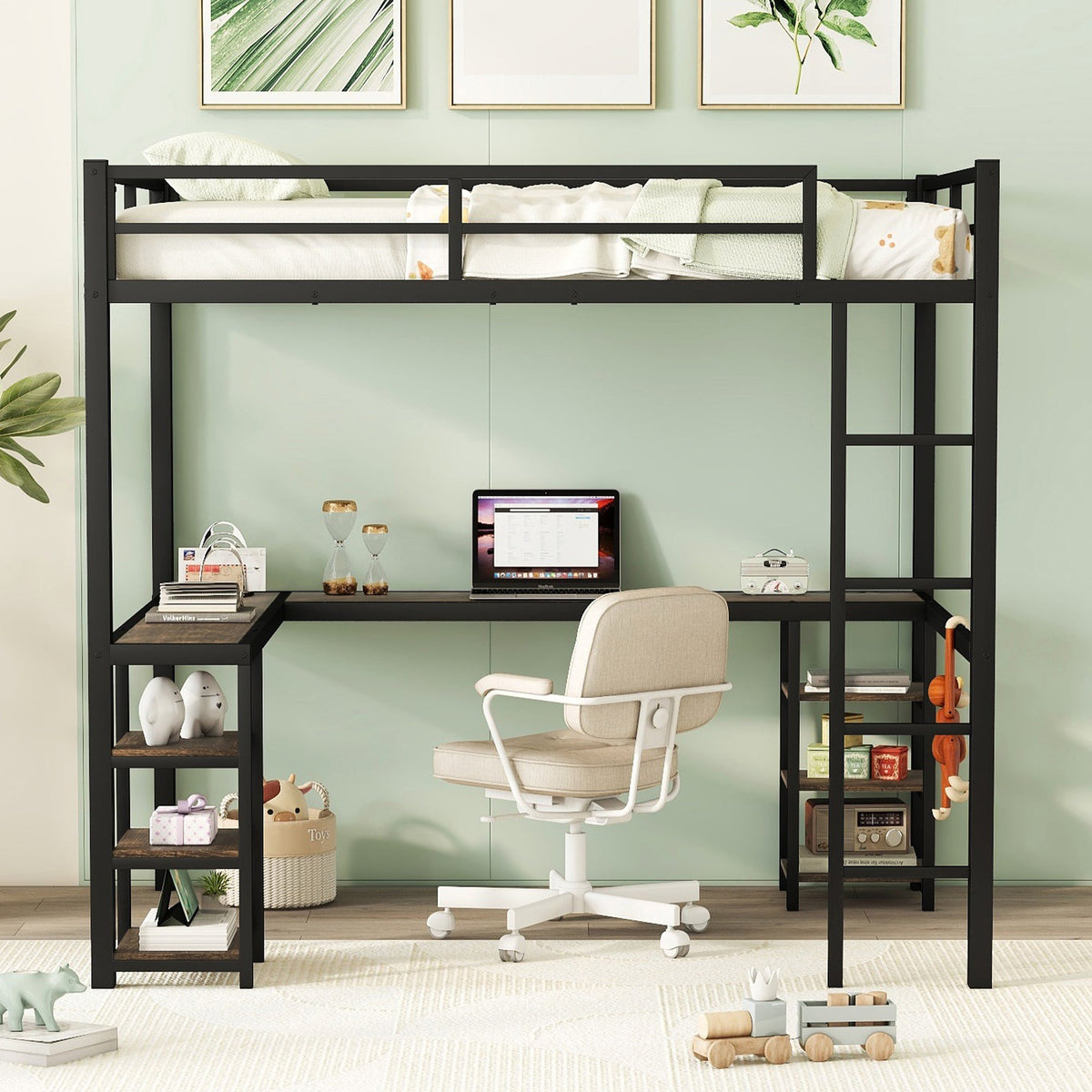 Full Metal Loft Bed with Desk, Shelves & Ladder