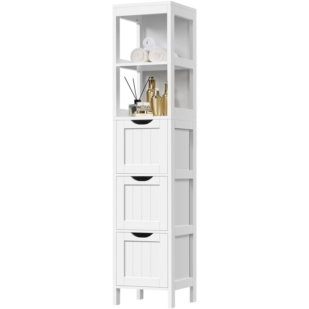 Cabinet Tower — 3 Drawers & 2 Open Shelves in White Wood Finish