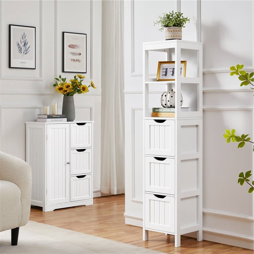 Cabinet Tower — 3 Drawers & 2 Open Shelves in White Wood Finish