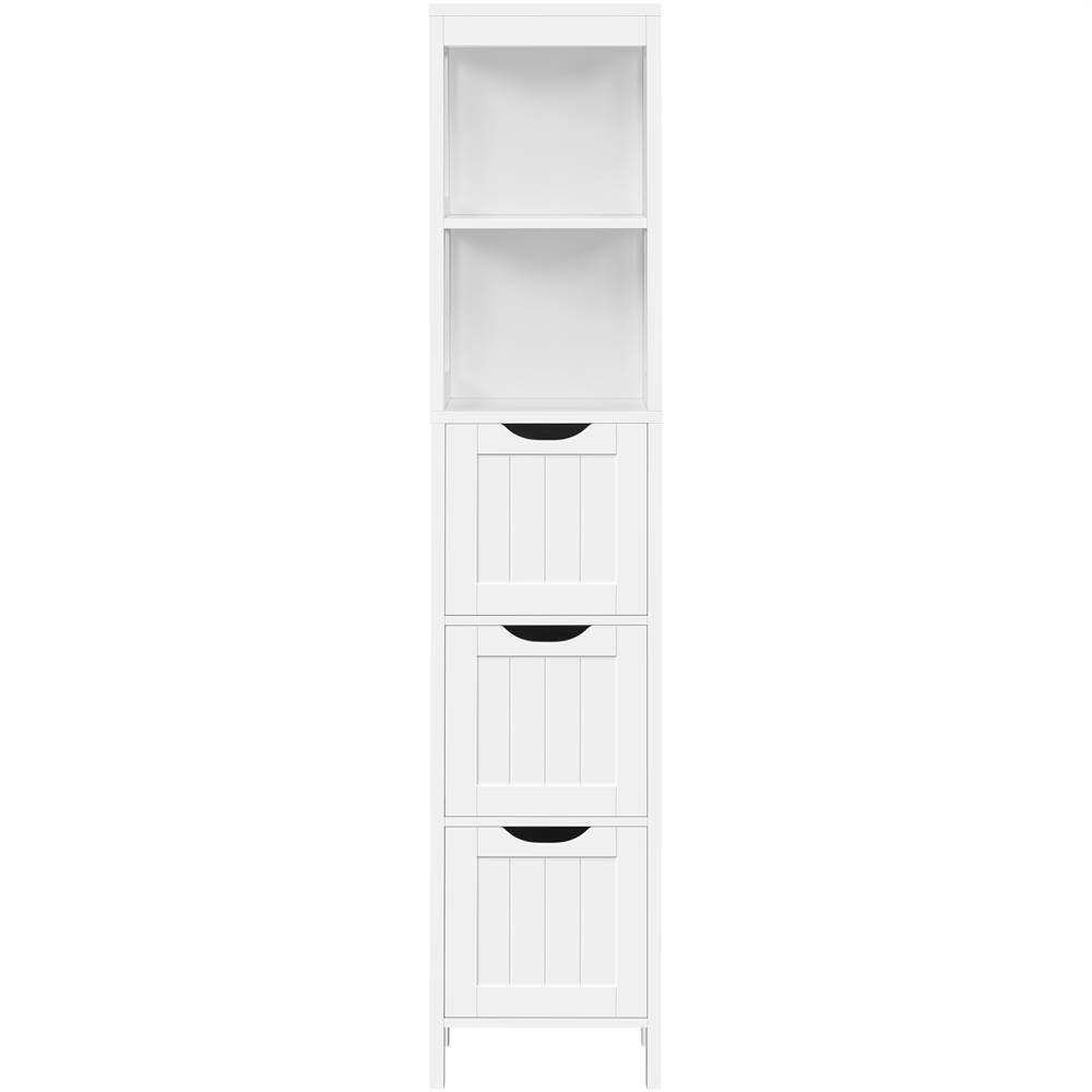 Cabinet Tower — 3 Drawers & 2 Open Shelves in White Wood Finish