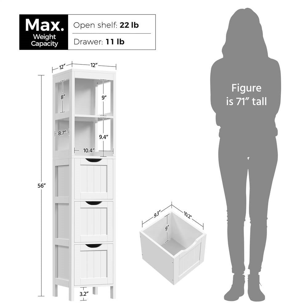 Cabinet Tower — 3 Drawers & 2 Open Shelves in White Wood Finish