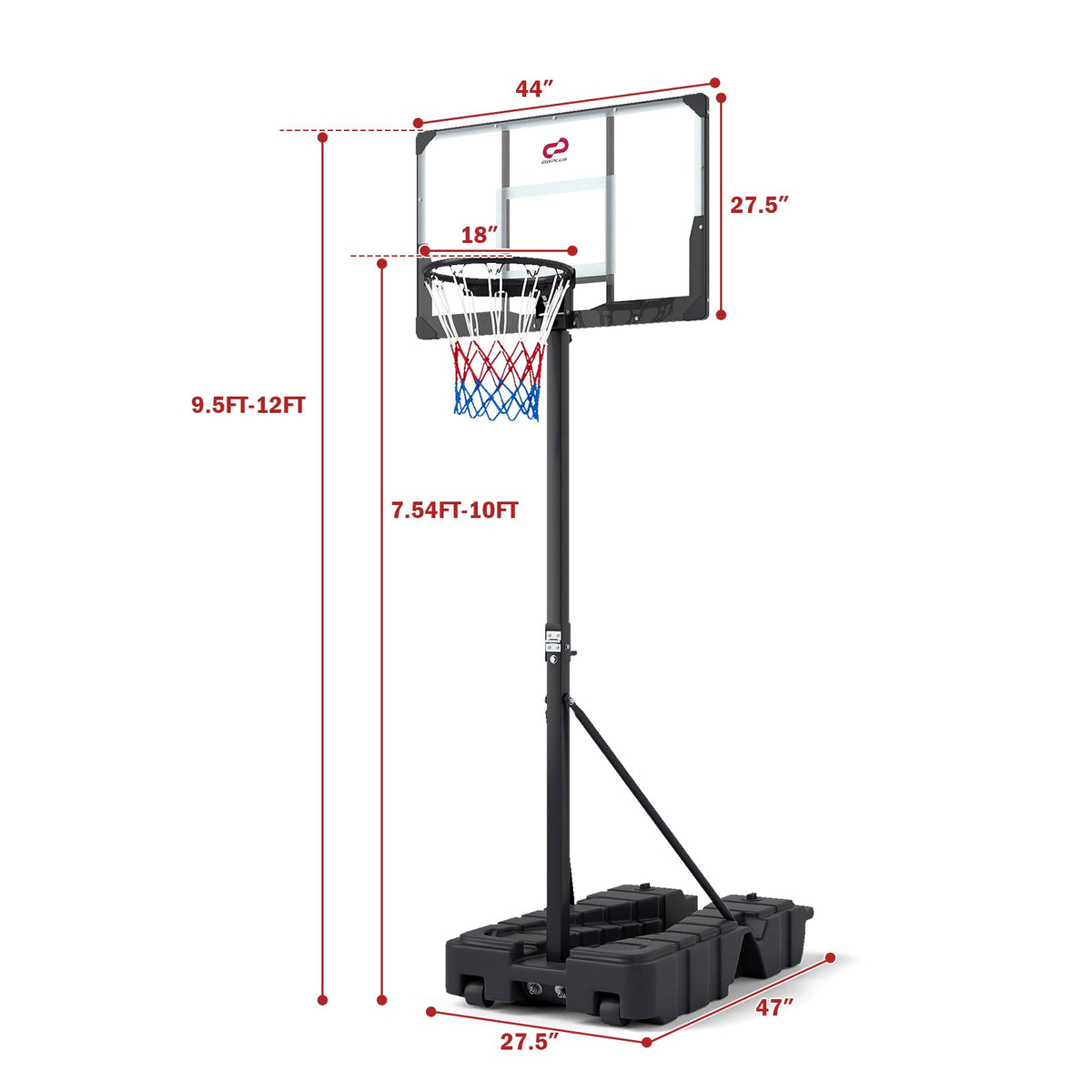 Foldable Basketball Hoop 7.54–10 ft Stepless Adjustable with PC Backboard