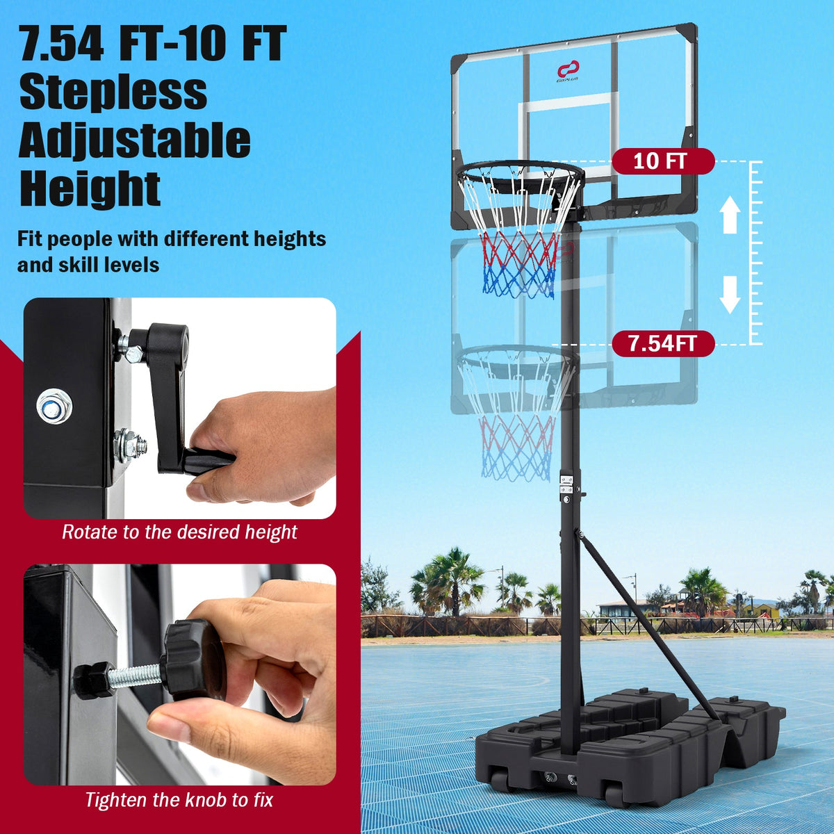 Foldable Basketball Hoop 7.54–10 ft Stepless Adjustable with PC Backboard