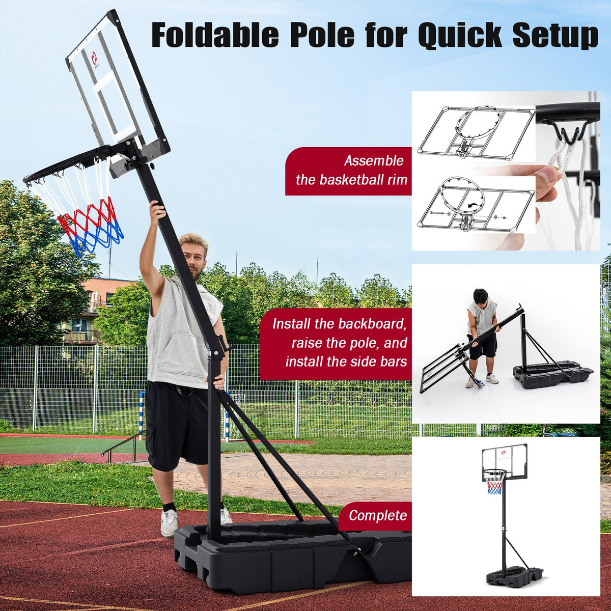 Foldable Basketball Hoop 7.54–10 ft Stepless Adjustable with PC Backboard