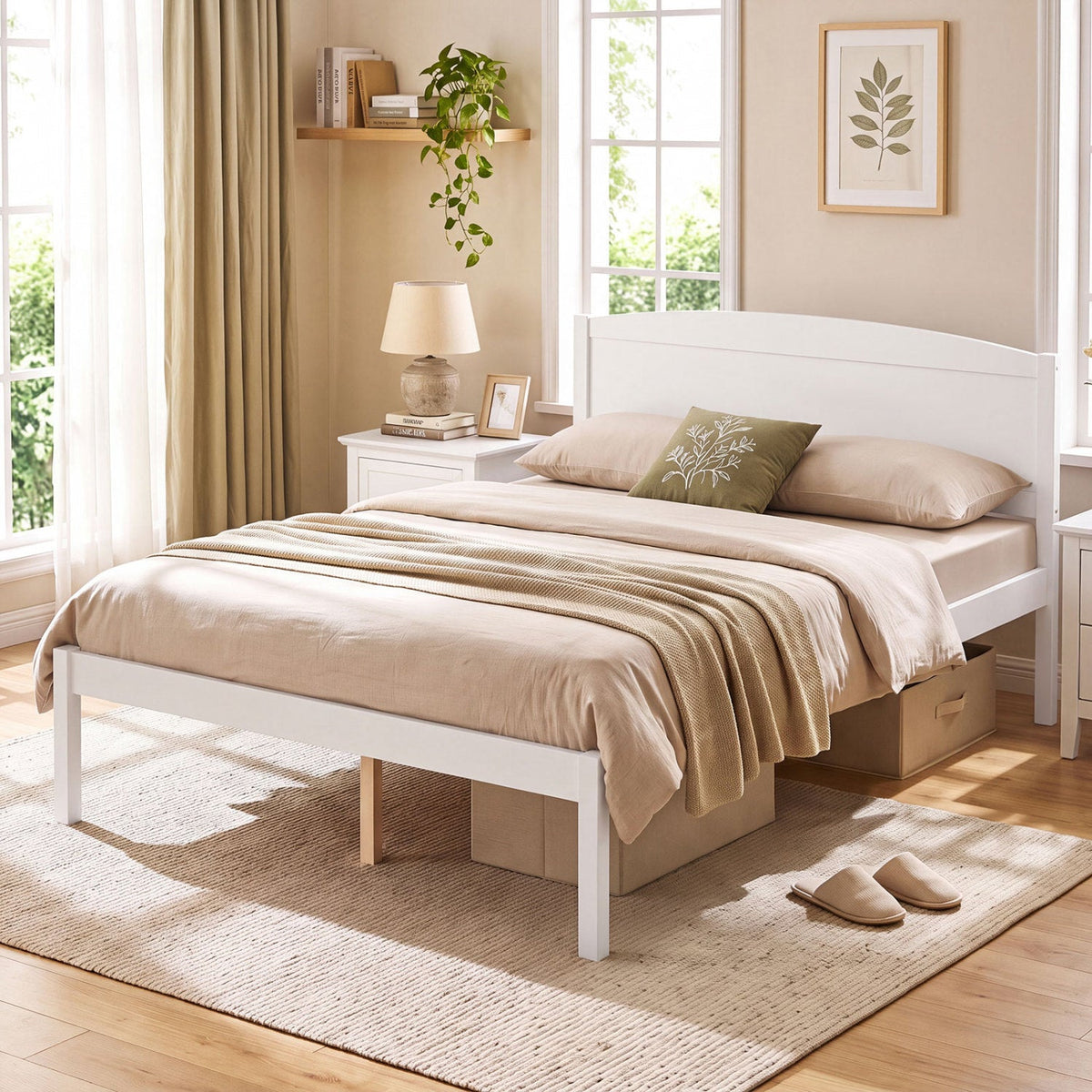 Full Size Platform Bed Frame with Curved Wood Headboard