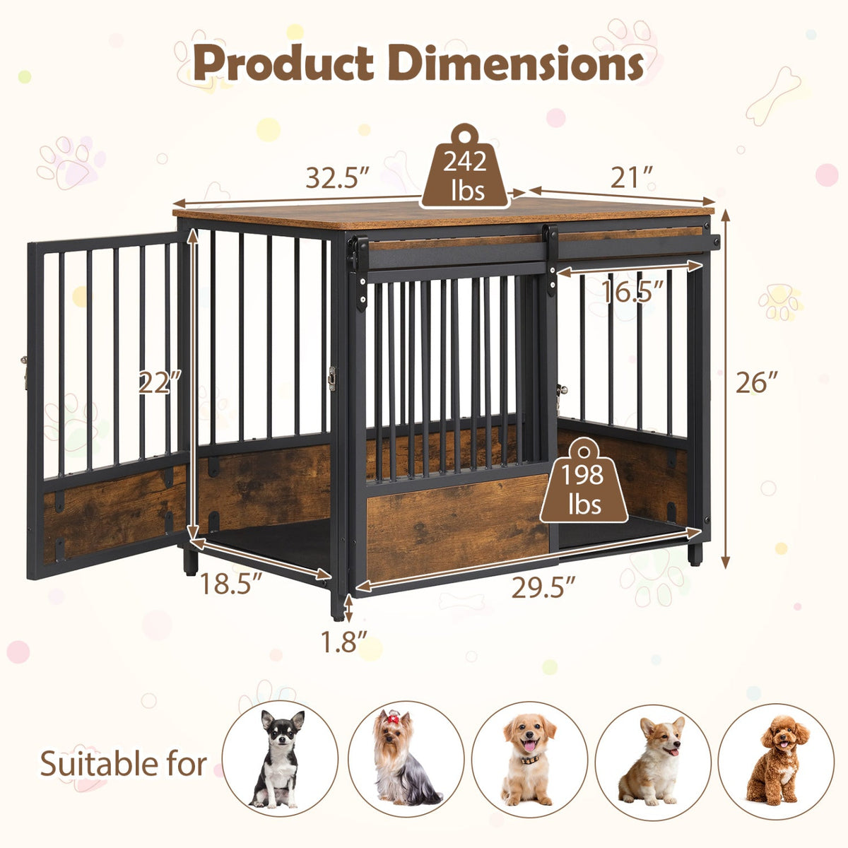 Dog Crate Furniture with Sliding Barn Door & Side Door
