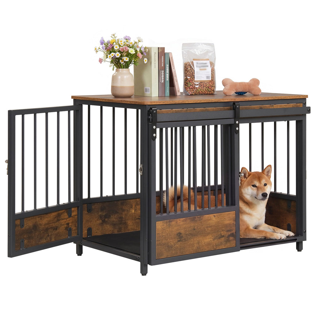 Dog Crate Furniture with Sliding Barn Door & Side Door