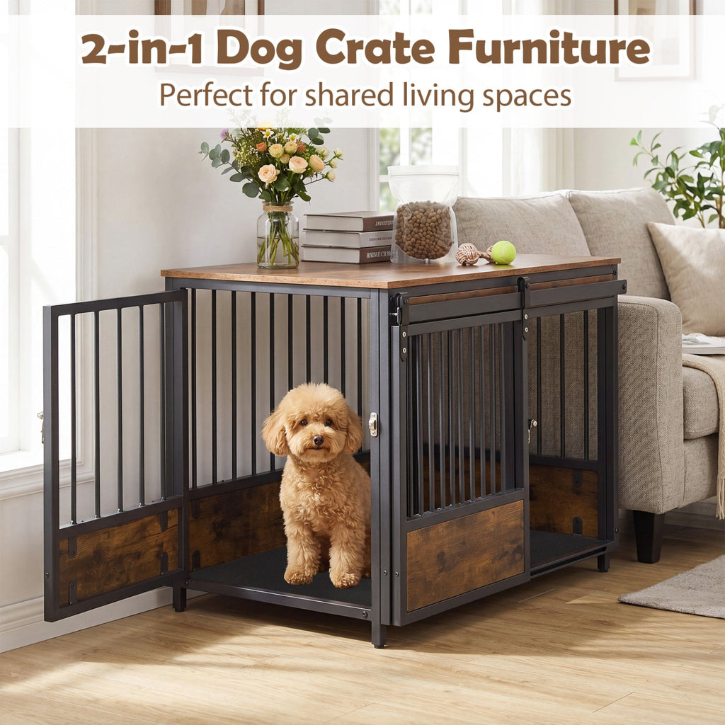 Dog Crate Furniture with Sliding Barn Door & Side Door