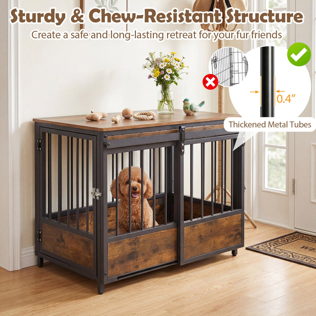 Dog Crate Furniture with Sliding Barn Door & Side Door