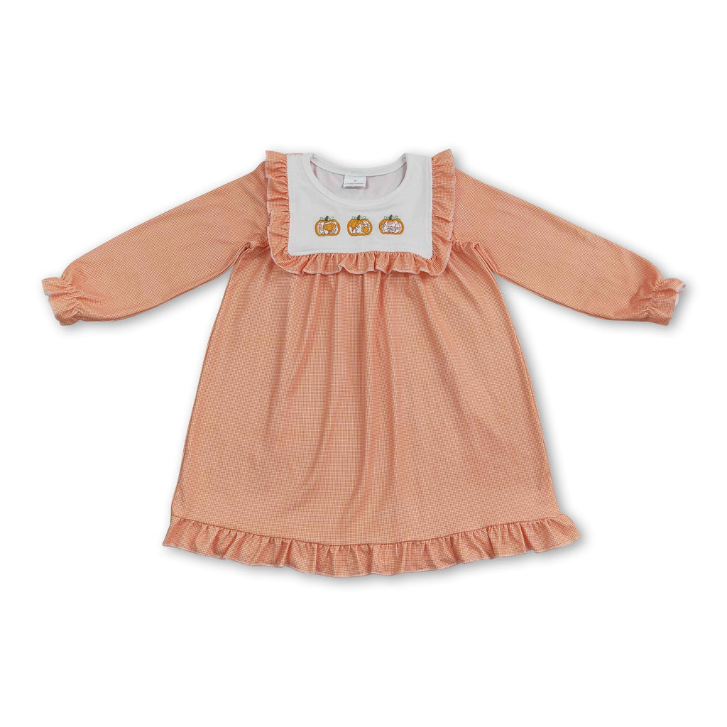Girls' Pumpkin Embroidered Long-Sleeve Ruffle Dress