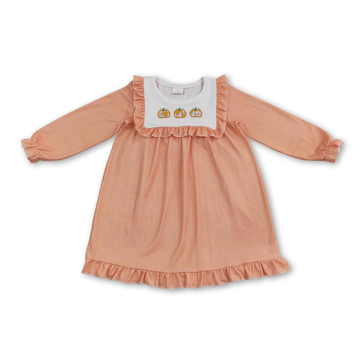 Girls' Pumpkin Embroidered Long-Sleeve Ruffle Dress