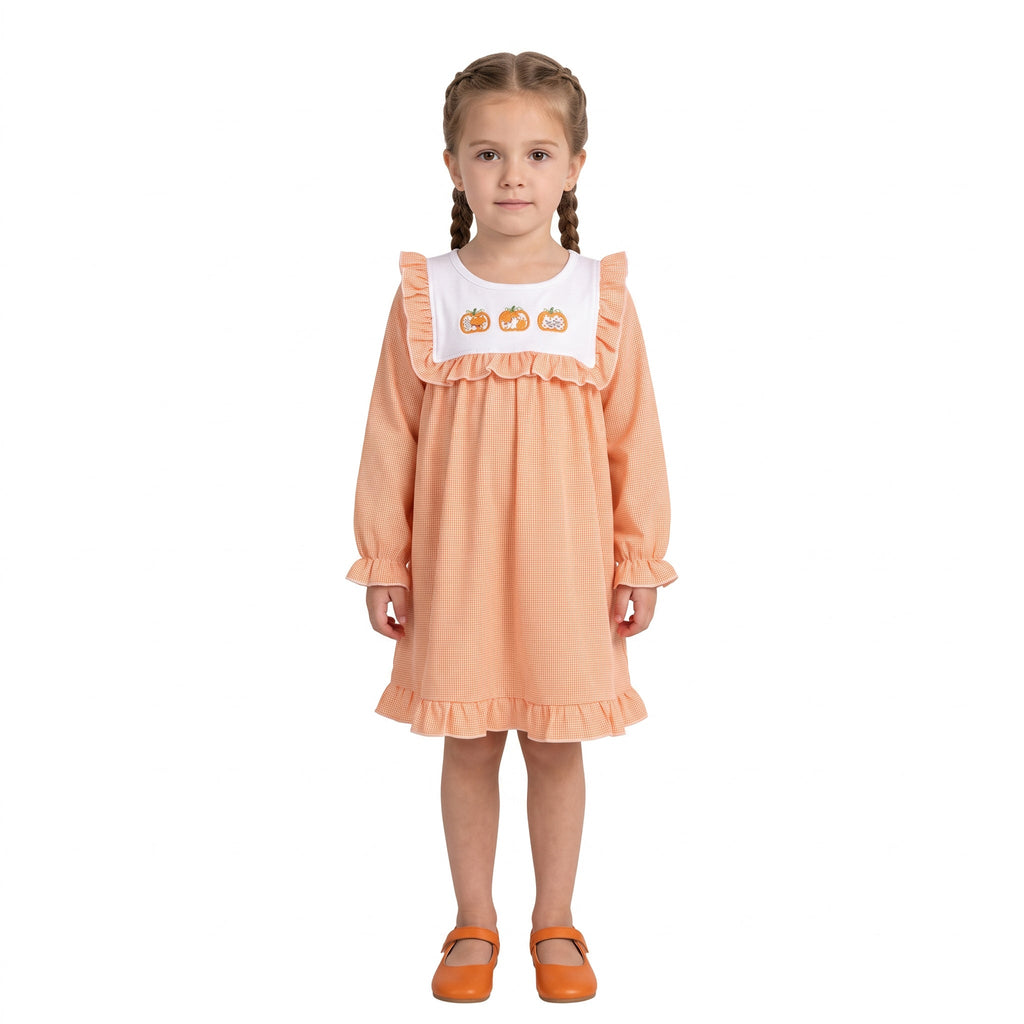 Girls' Pumpkin Embroidered Long-Sleeve Ruffle Dress