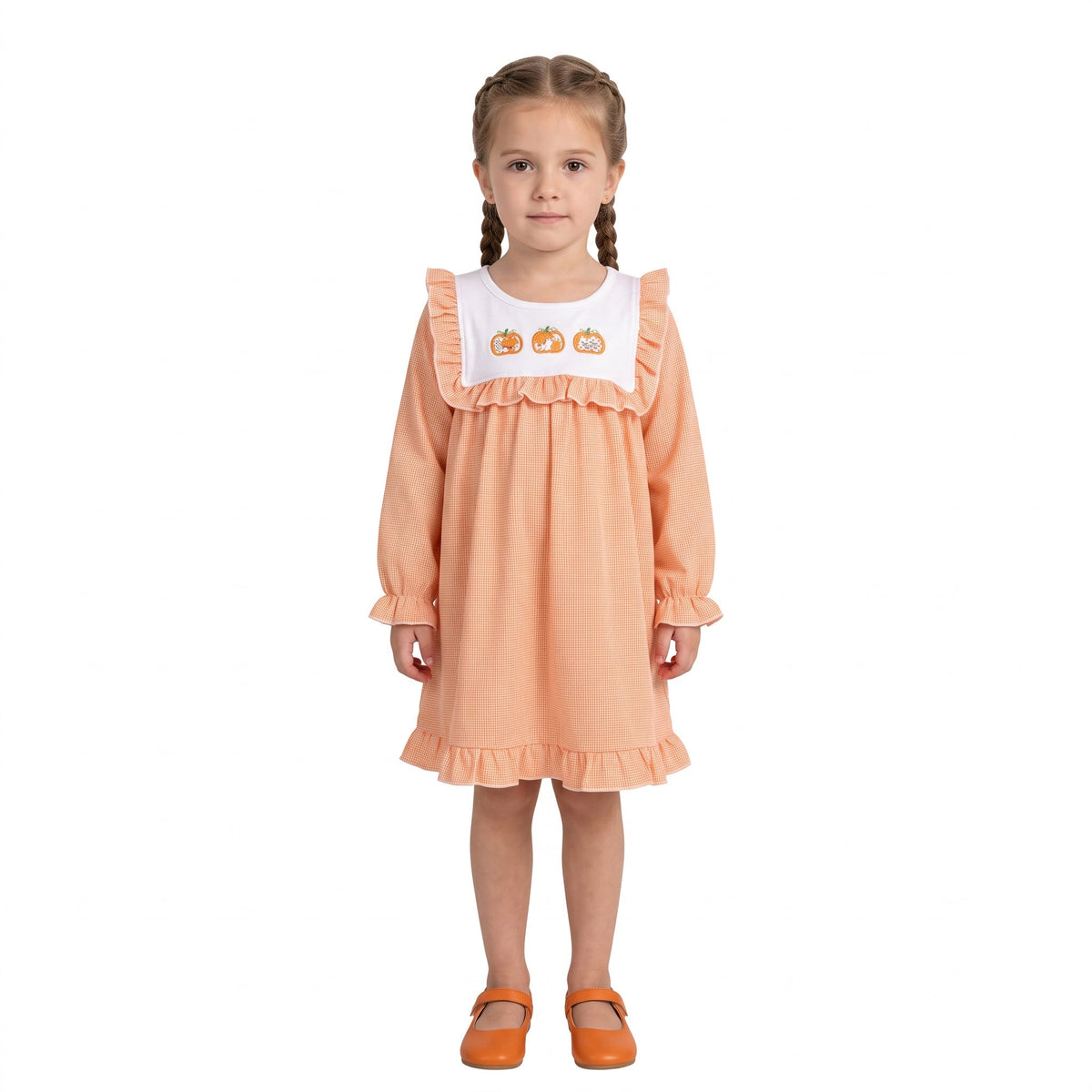 Girls' Pumpkin Embroidered Long-Sleeve Ruffle Dress
