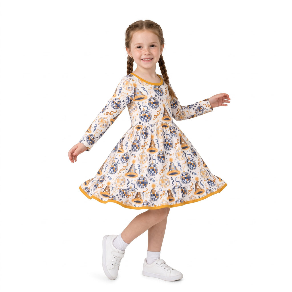Girls' Happy New Year Long-Sleeve Ruffle Dress