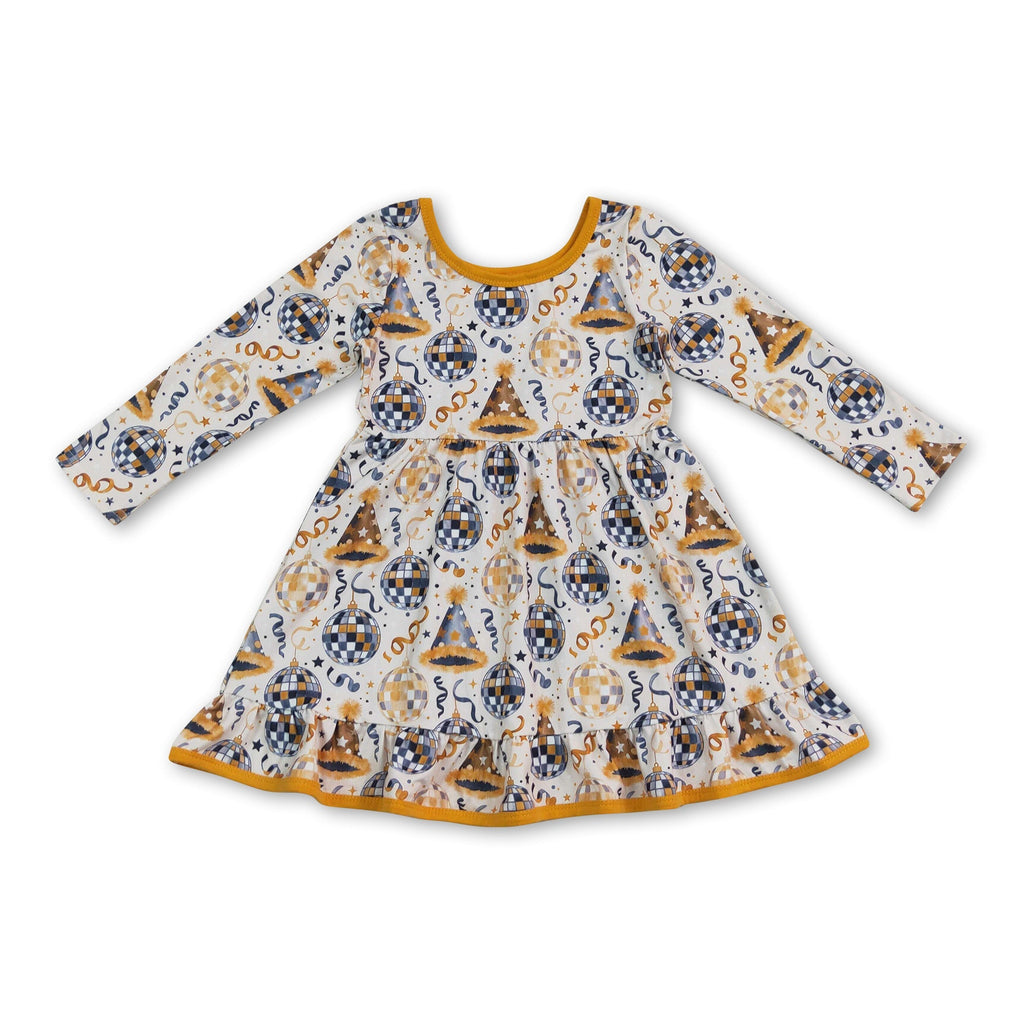 Girls' Happy New Year Long-Sleeve Ruffle Dress