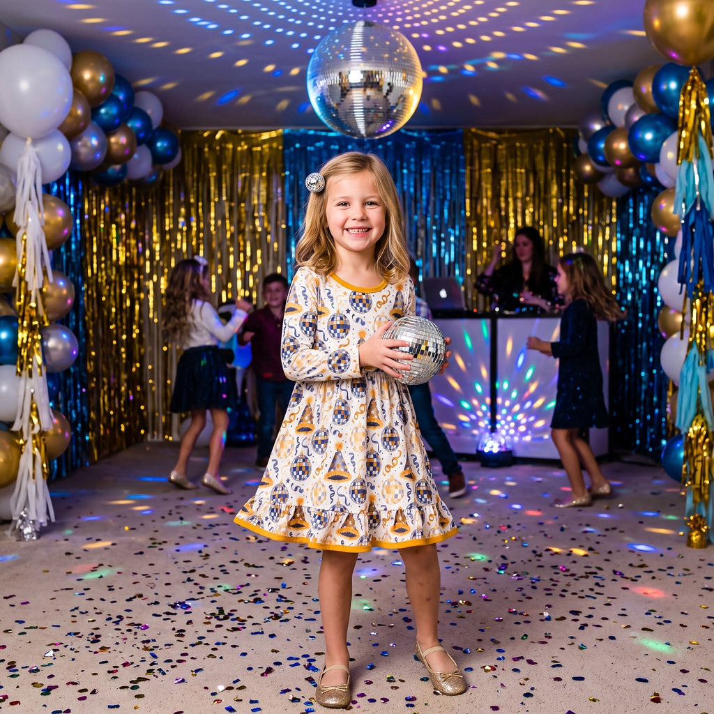 Girls' Happy New Year Long-Sleeve Ruffle Dress