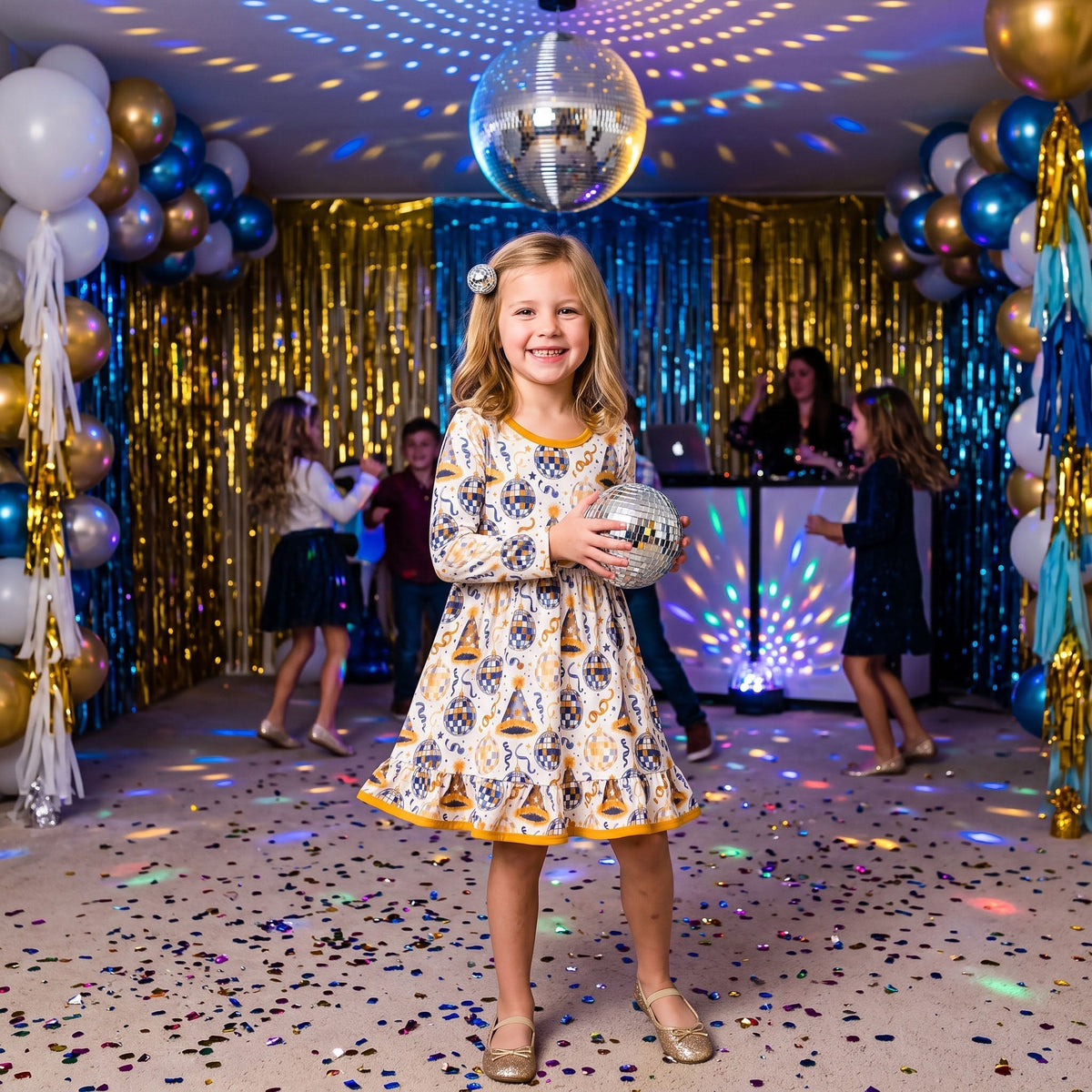 Girls' Happy New Year Long-Sleeve Ruffle Dress