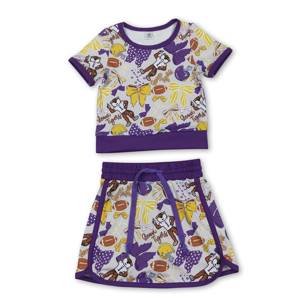 Purple Bow Tiger Short Sleeve Top & Skirt Activewear Set