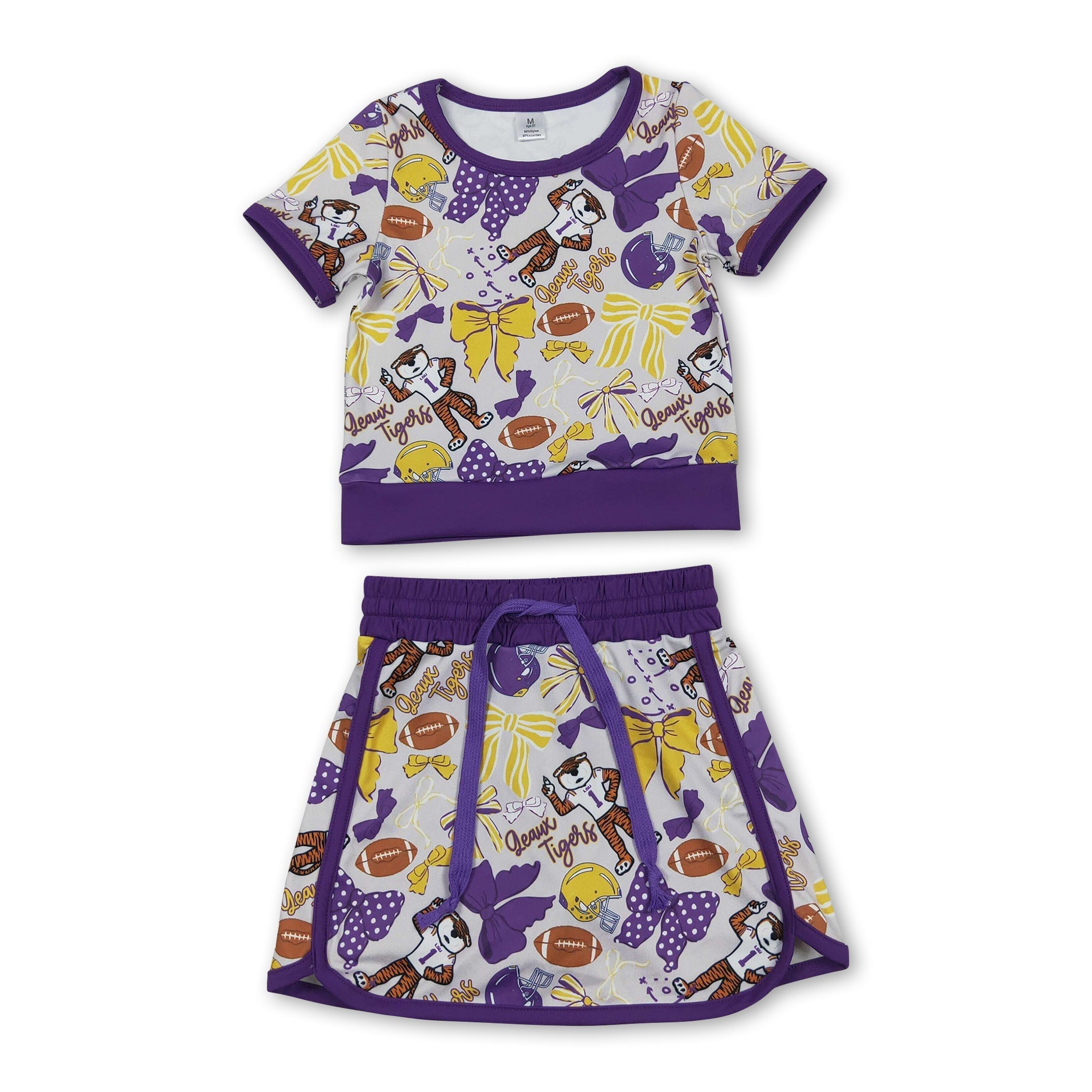 Mini Rodeo Girls Purple Bow Tiger Short Sleeve Top & Skirt Activewear Set