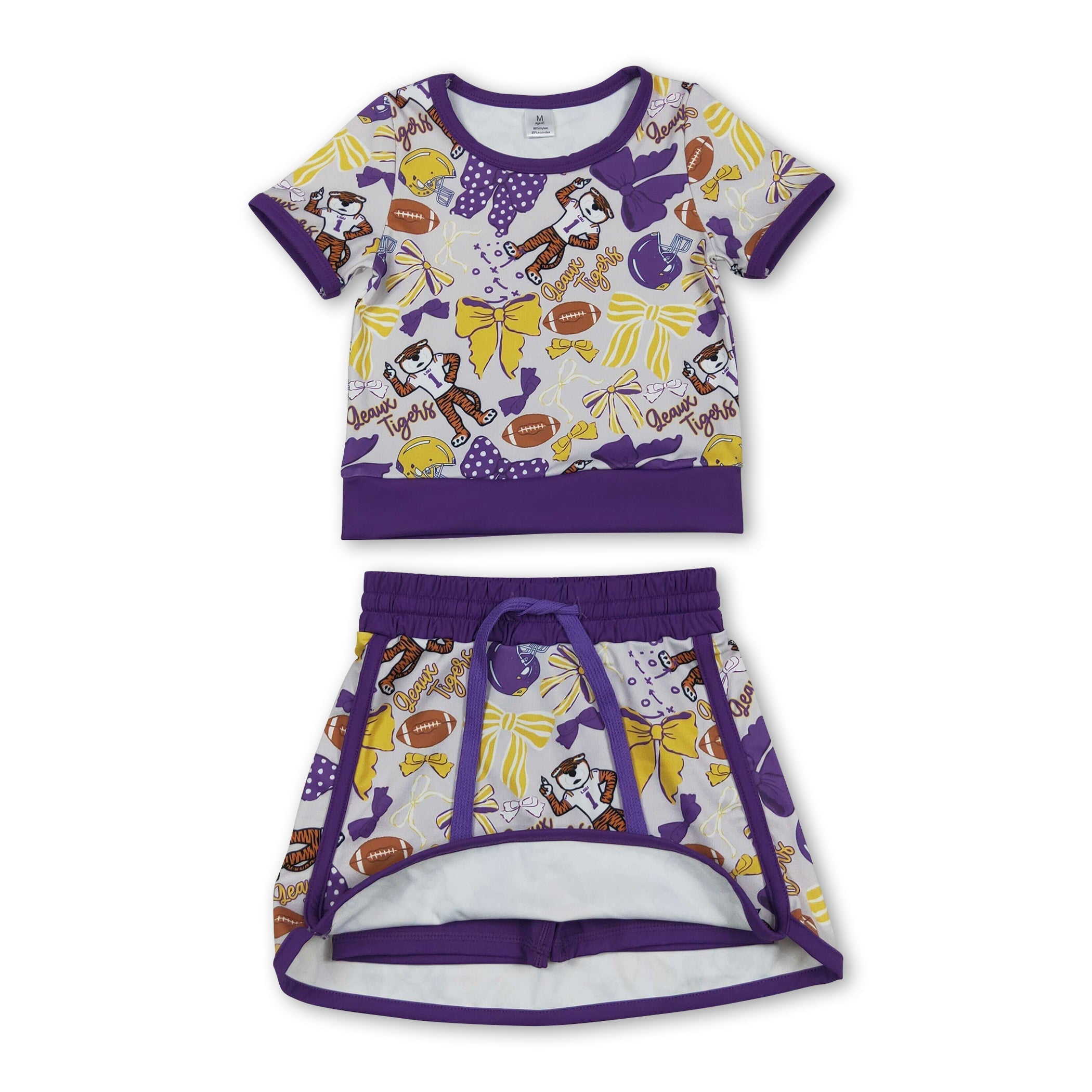 Mini Rodeo Girls Purple Bow Tiger Short Sleeve Top & Skirt Activewear Set