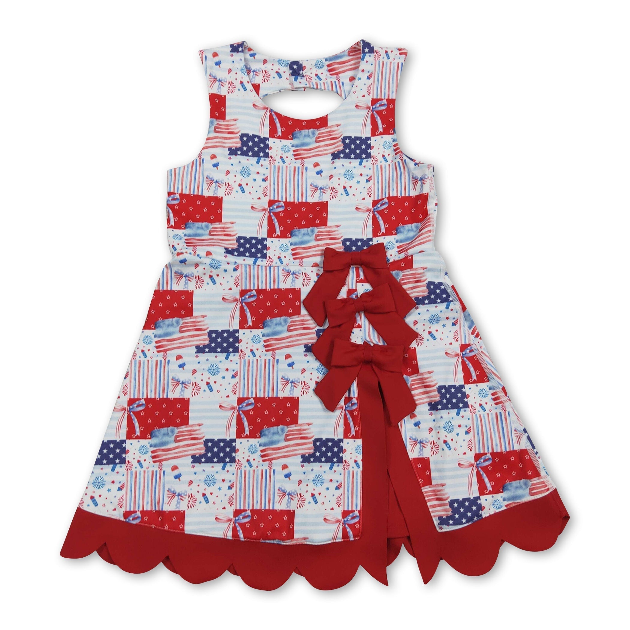 Mini Rodeo Girls Flag Bow Scallop Sleeveless 4th of July Athletic Dress