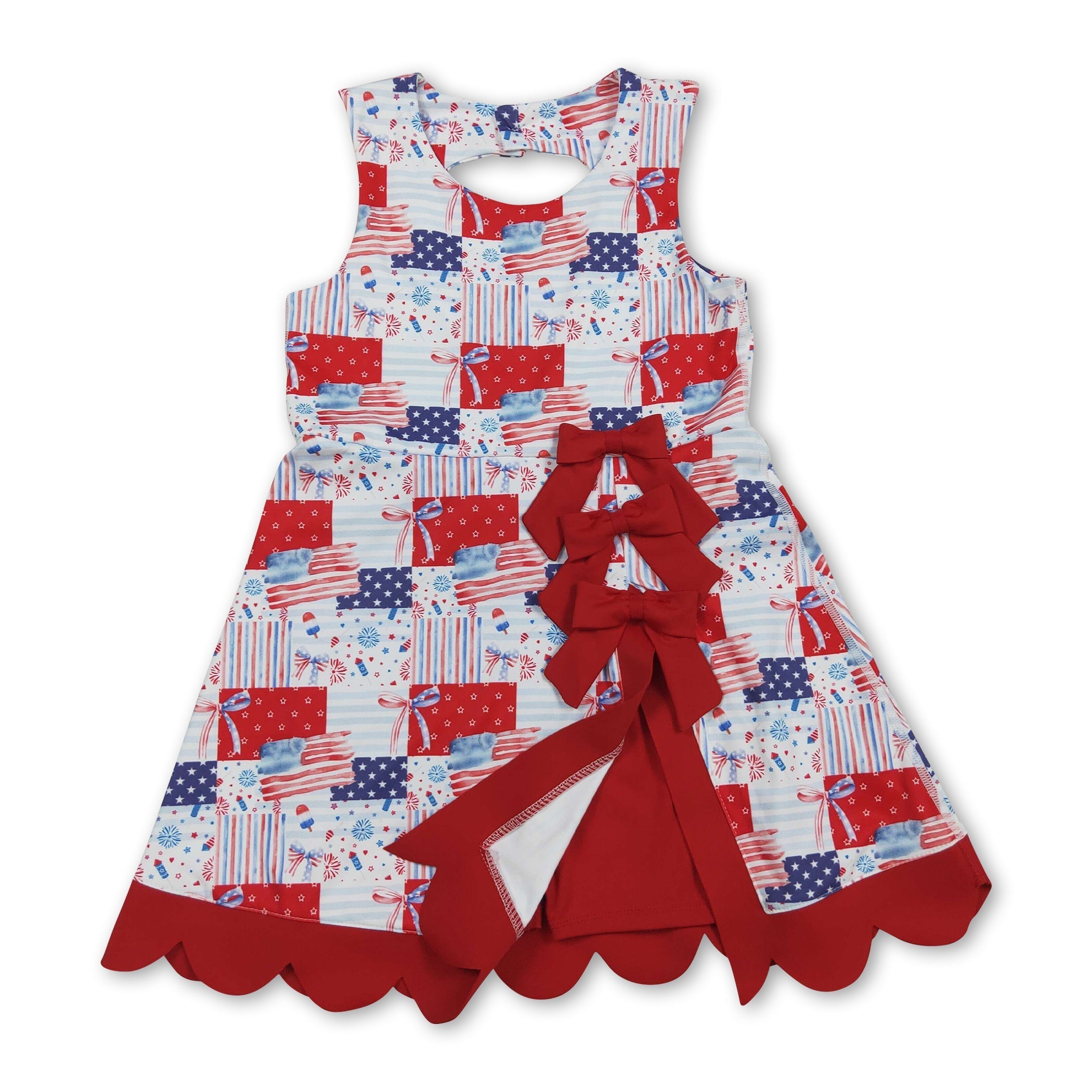 Mini Rodeo Girls Flag Bow Scallop Sleeveless 4th of July Athletic Dress