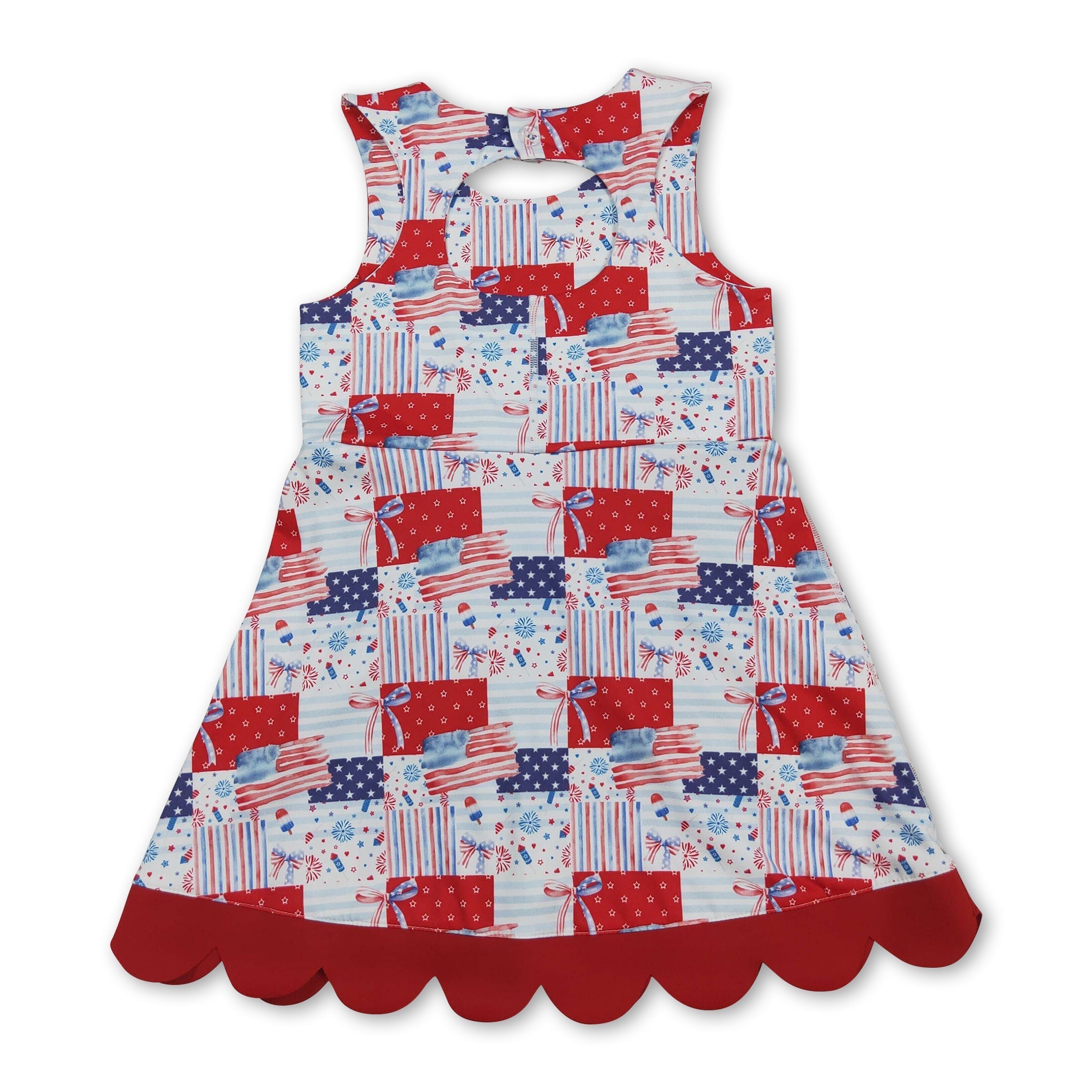 Mini Rodeo Girls Flag Bow Scallop Sleeveless 4th of July Athletic Dress