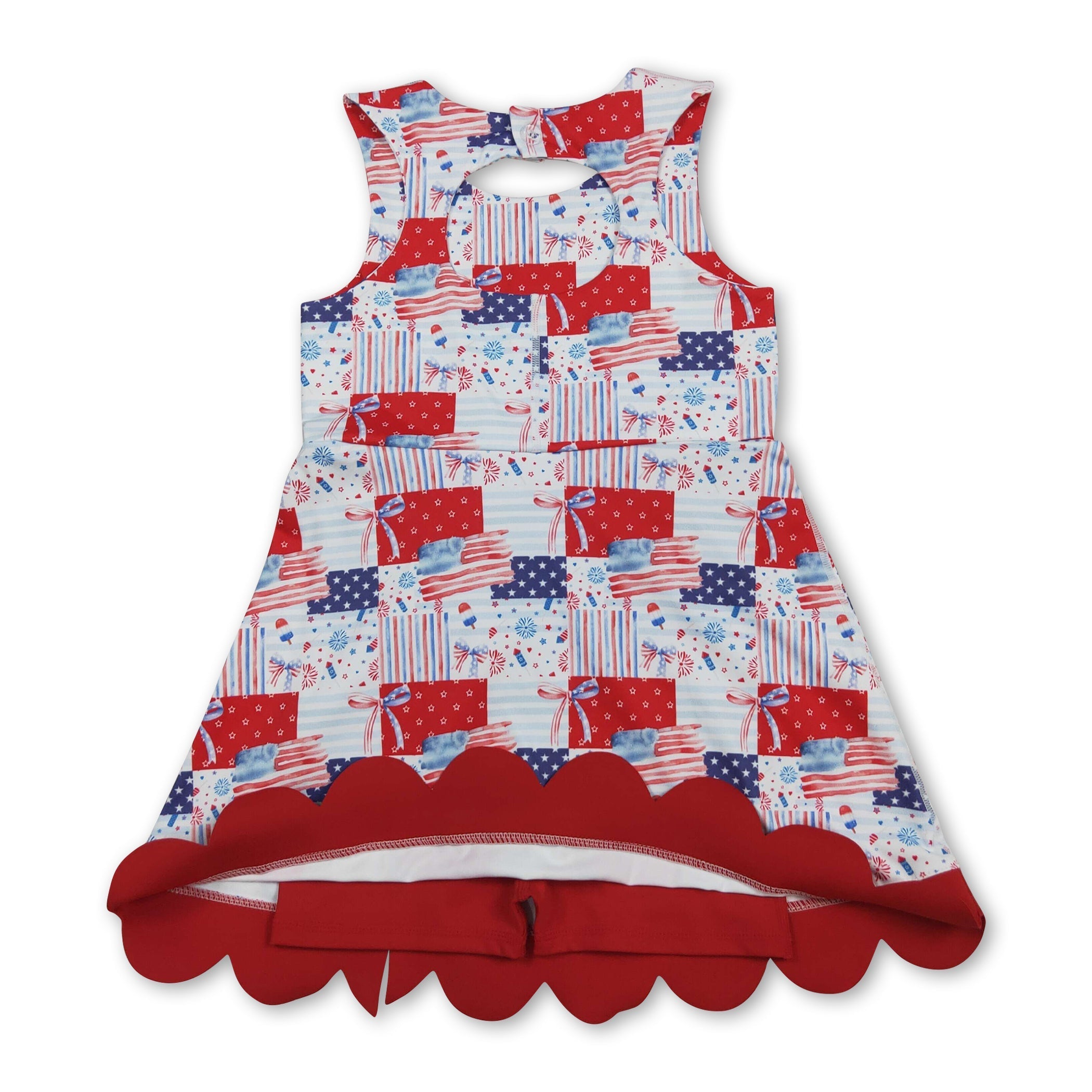 Mini Rodeo Girls Flag Bow Scallop Sleeveless 4th of July Athletic Dress