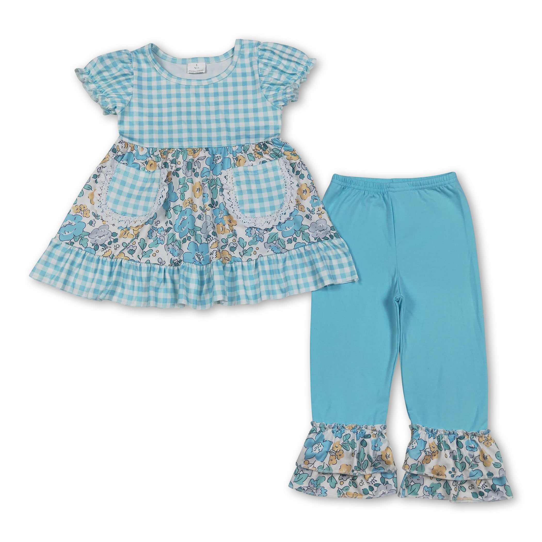 Mini Rodeo Girls Plaid Floral Short Sleeve Tunic & Pants Set