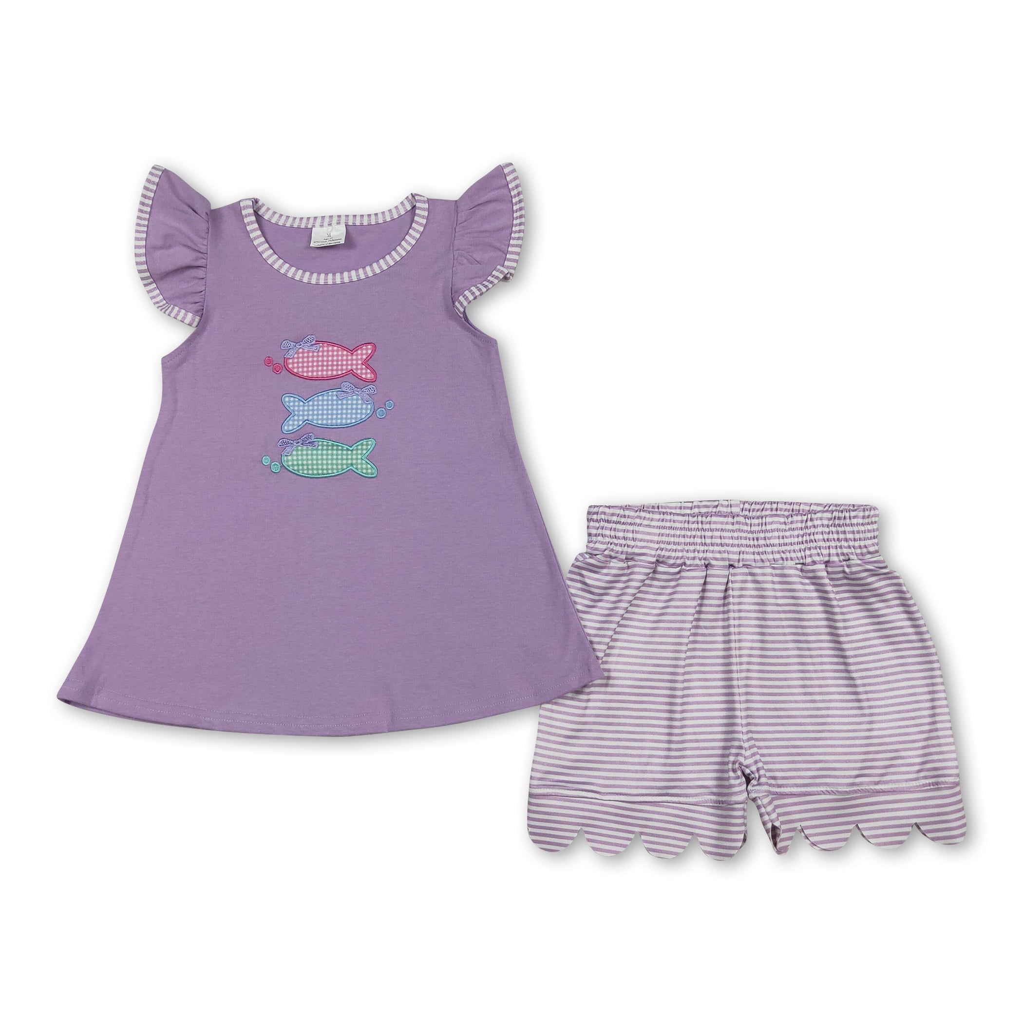 Girls Flutter Sleeve Fish Bow Top & Scallop Shorts Set