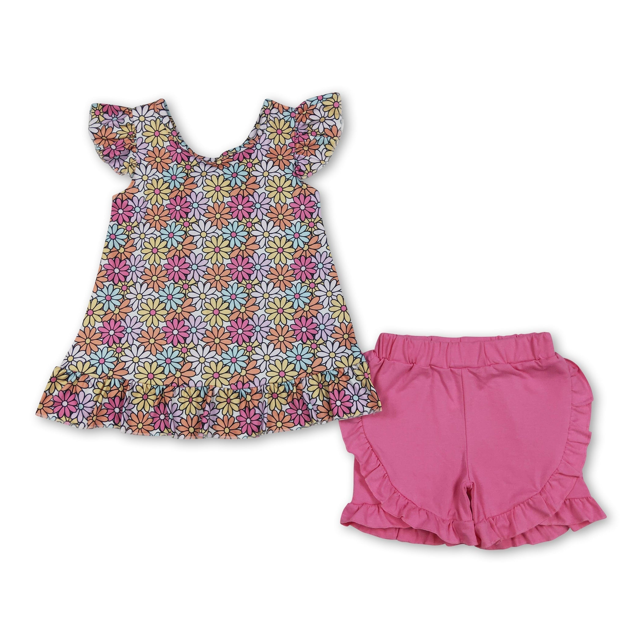 Girls Floral Flutter Sleeve Top & Ruffle Shorts Set