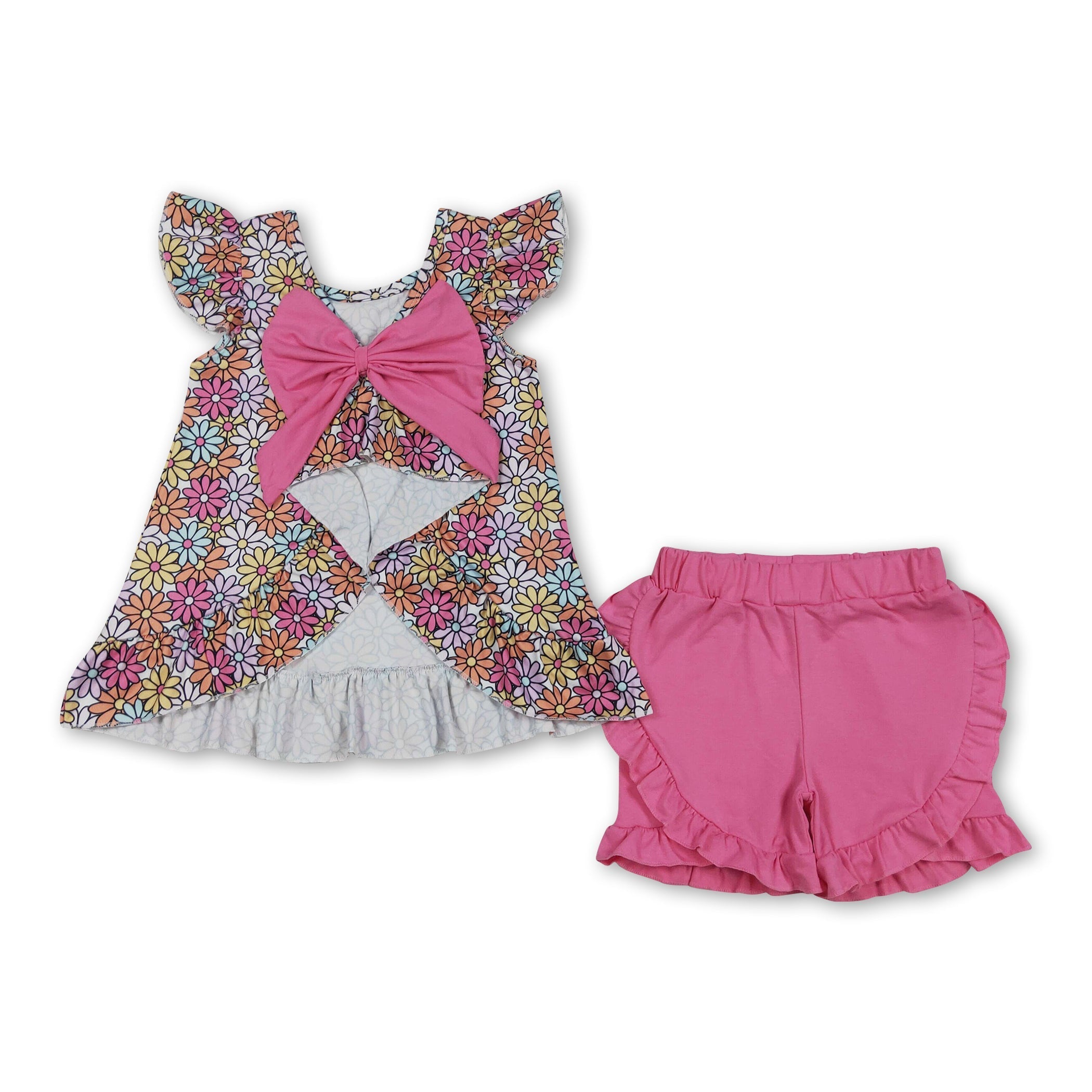 Girls Floral Flutter Sleeve Top & Ruffle Shorts Set