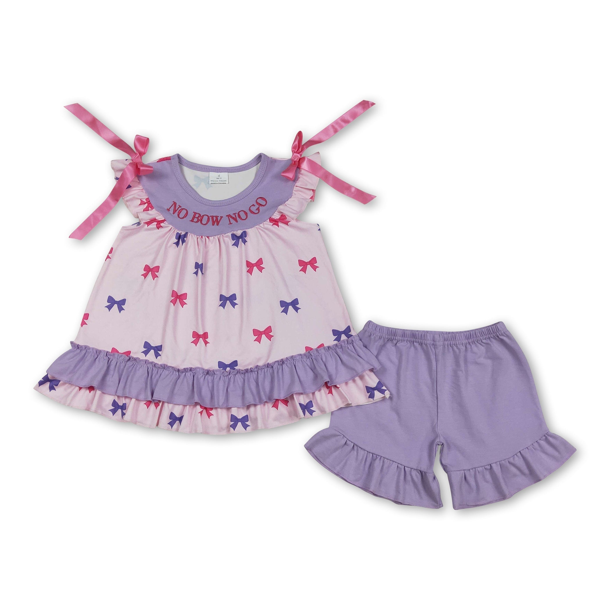 Girls Flutter Sleeve "No Bow No Go" Tunic & Shorts Set