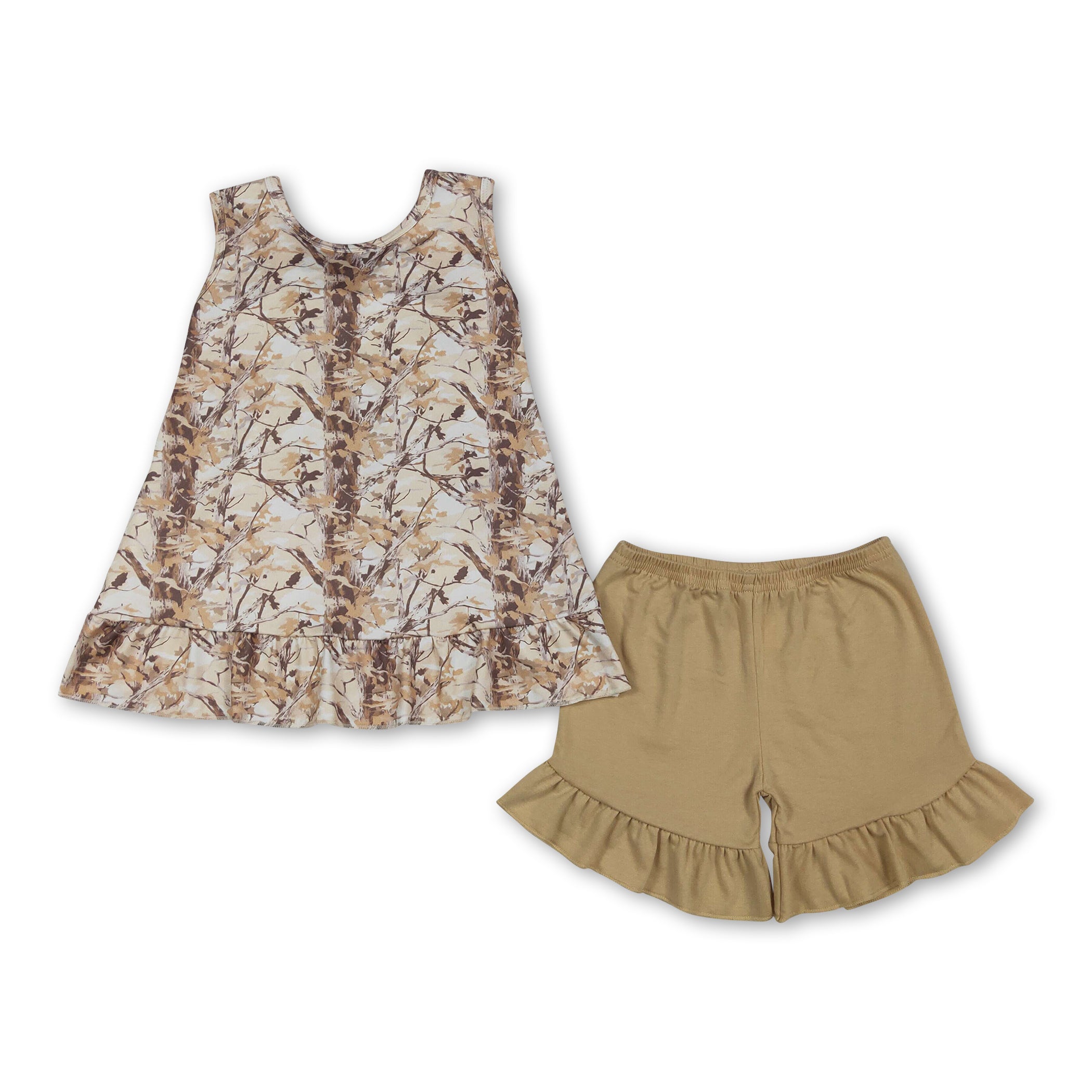 Mini Rodeo Girls Sleeveless Leaves Camo Top & Ruffle Shorts Set