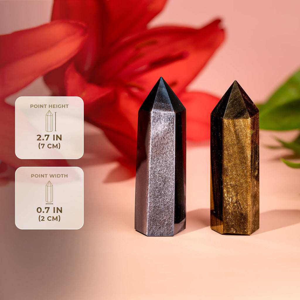 Gold and silver sheen obsidian points with size labels showing 2.7-inch height and 0.7-inch width.
