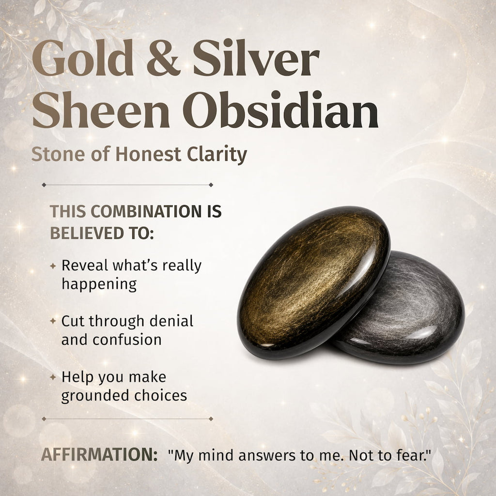 Gold and silver sheen obsidian symbolism graphic with two oval stones, belief statements, and an affirmation.
