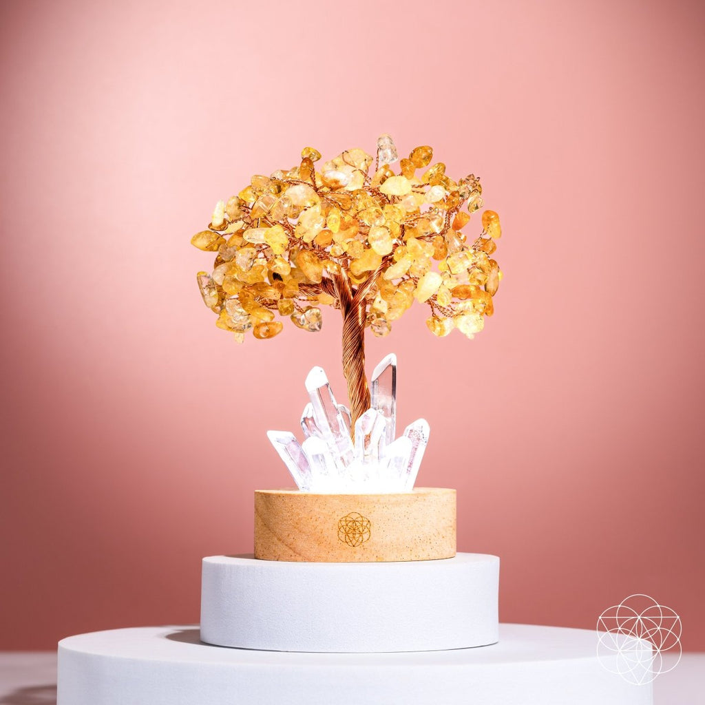 Golden-yellow citrine tree lamp with glowing quartz points on white display platforms against a pink background.
