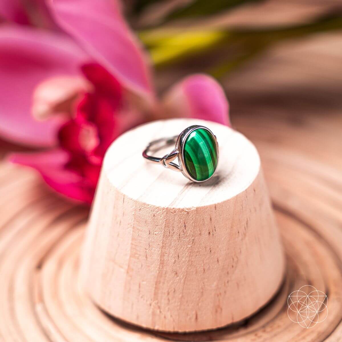 Green striped oval malachite ring displayed on a wooden stand with pink flowers in the background.
