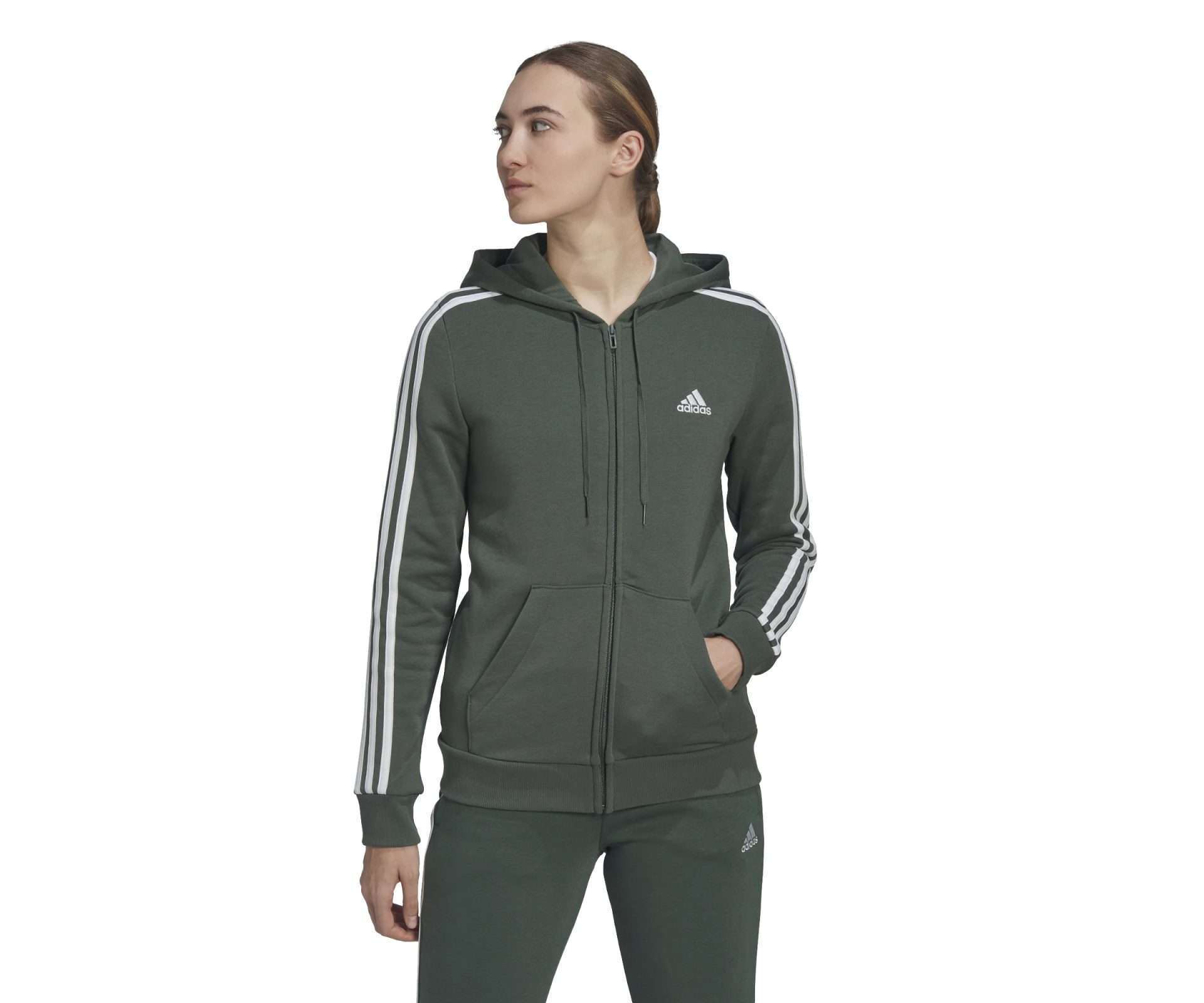 adidas Women's Essentials Fleece 3-Stripes Full-Zip Hoodie - Green Oxide / White